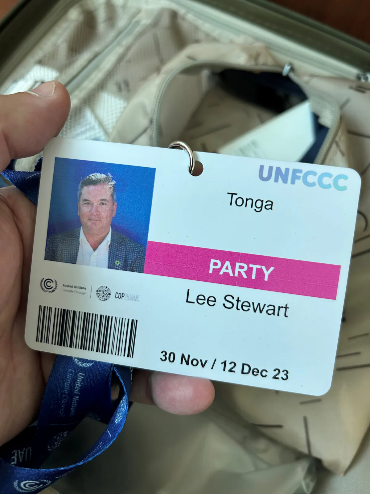 ESG Strategy CEO Lee Stewart COP28 credential badge for Tonga delegation - Sustainability Leadership