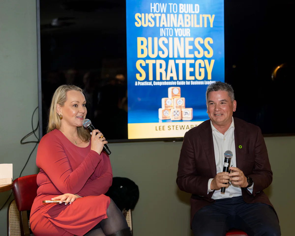 Lee Stewart in conversation at Sydney book launch with business leaders and sustainability professionals